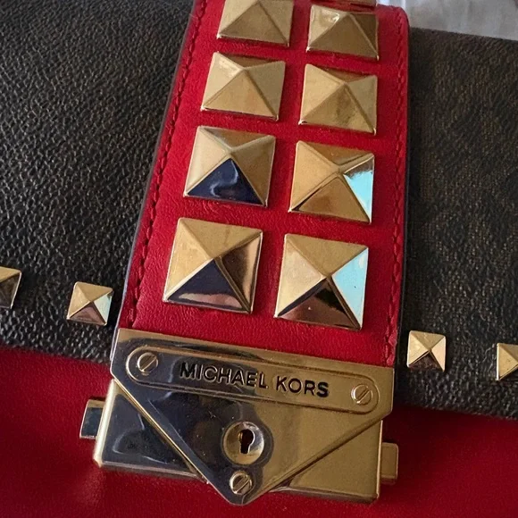 Michael Kors Cece Red and Brown Studded Chain Shoulder Bag - Picture 7 of 8